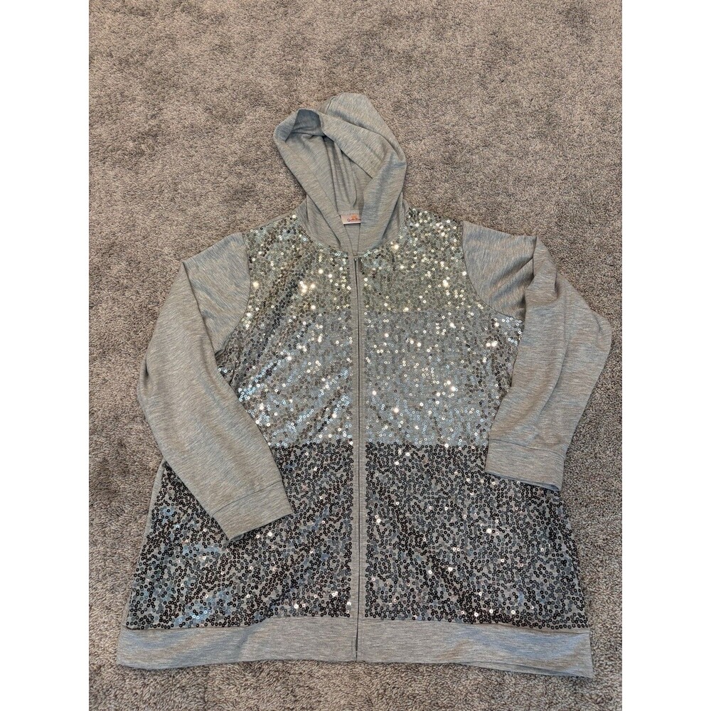Quacker Factory hoodie jacket women plus 1X Gray Sequin Full Zip bling sparkle